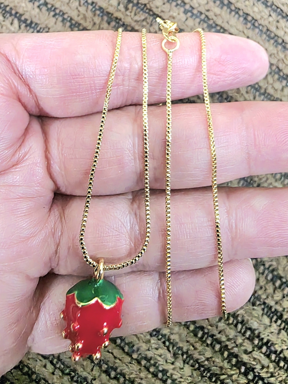Gold-Tone Strawberry Pendant Necklace in Red and Green